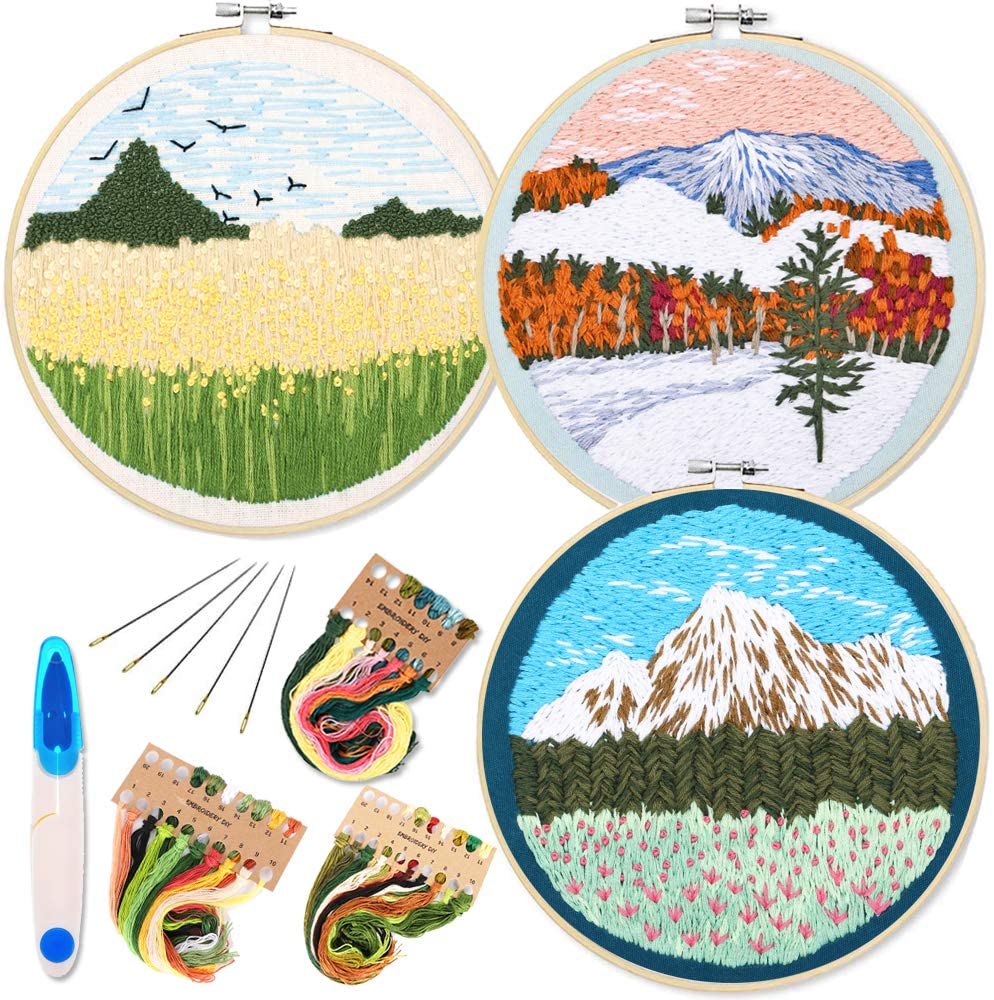 Enthur 3-pack embroidery starter kit featuring natural landscapes