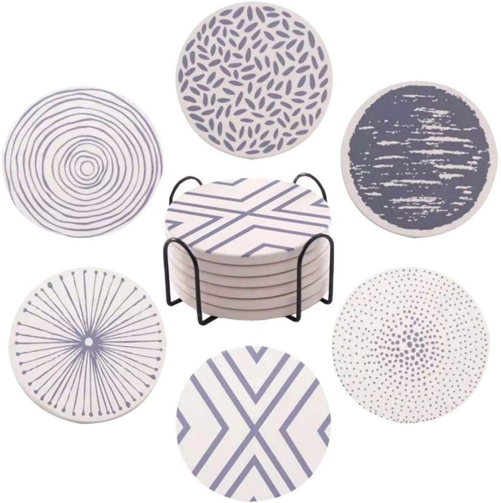 Ideal Housewarming Gift & Home Decor Mix Patterns of Chevron Moroccan & Trellis 6 Pieces for Stain-Free Furniture Blue Coasters for Drinks Absorbent Ceramic Stones with Holder & Cork Back 