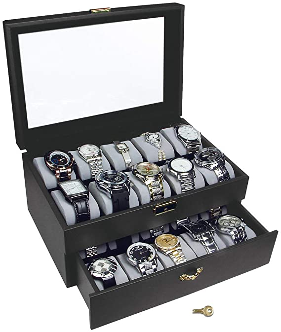 Ikee Design Deluxe Black Watch Display Case With Key Lock, Clear Glass Top, 20 Watch Holders