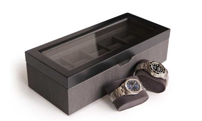 Two-Toned Herringbone and Solid Wood Watch Box Organizer Case with Glass Display Top by Case Elegance
