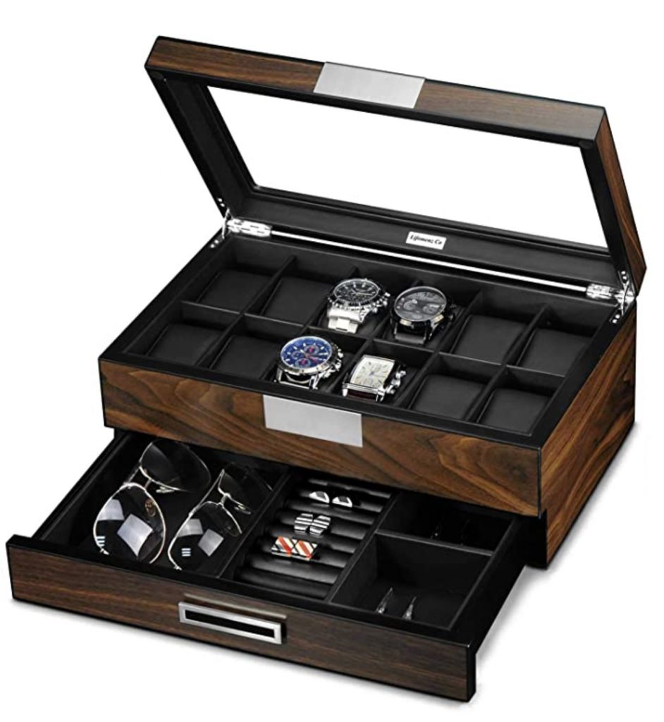 Lifomenz Co Wooden Watch Box for Men Watch Jewelry Box Organizer with Valet Drawer,12 Slot Watch Display Case Holder Large Watch,Men Accessories Organizer with Real Glass Window Top