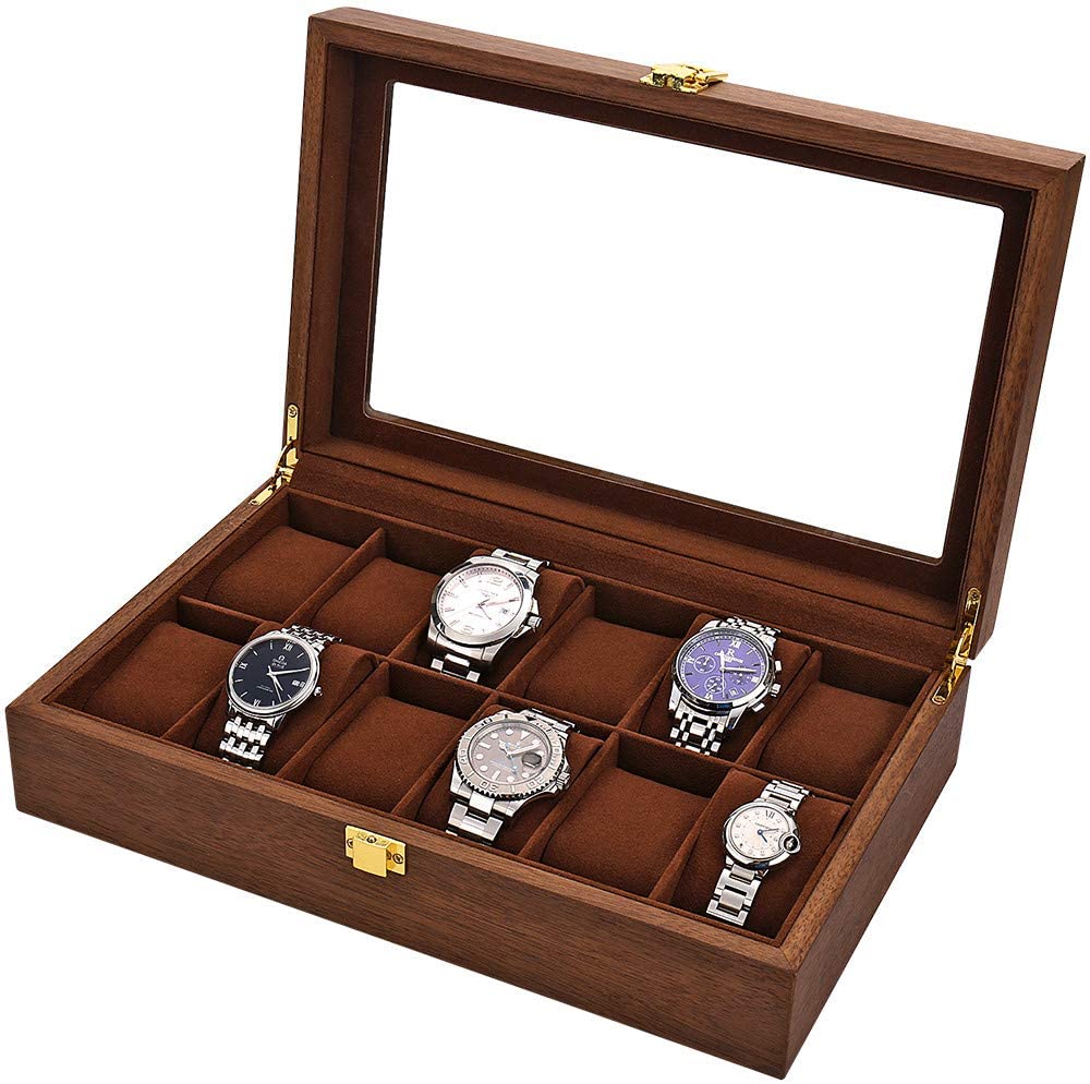 LOSKORIN Watch Box, Executive 12 Slots Watch Case with Valet, Glass Topped Wooden Watch Display Case Watch Organizer, Jewelry Storage Case