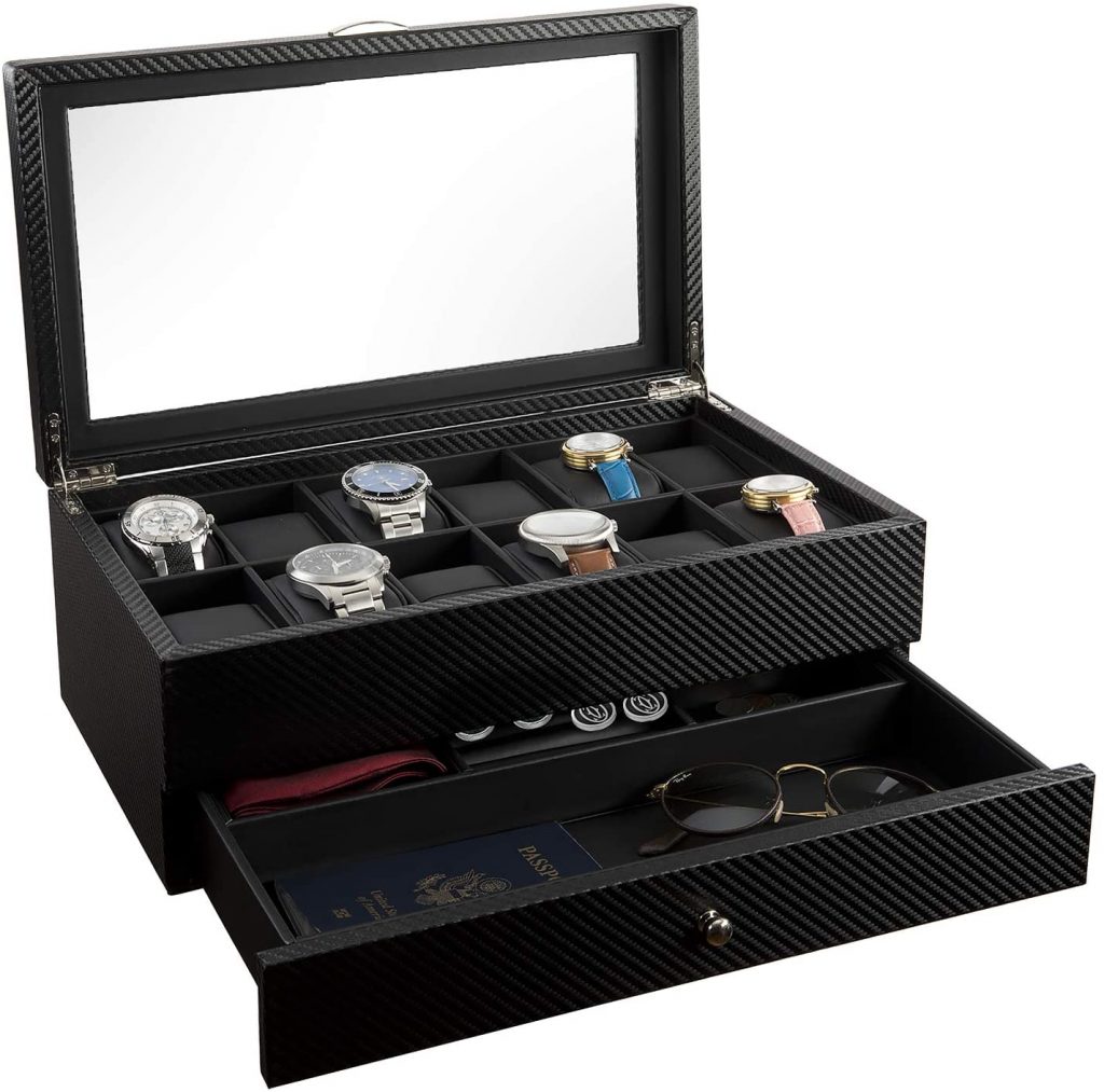  Watch Box- Display Case & Organizer For Men| First-Class Jewelry Watch Holder| 12 Watch Slots & Valet Drawer