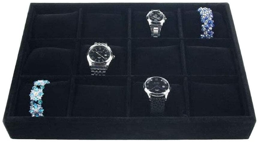  XinTan Tiger Watch Tray 12 Slots Watch Tray Velvet Watch Show Tray Jewelry Watch Show Box Jewelry Trays Stackable (Black)