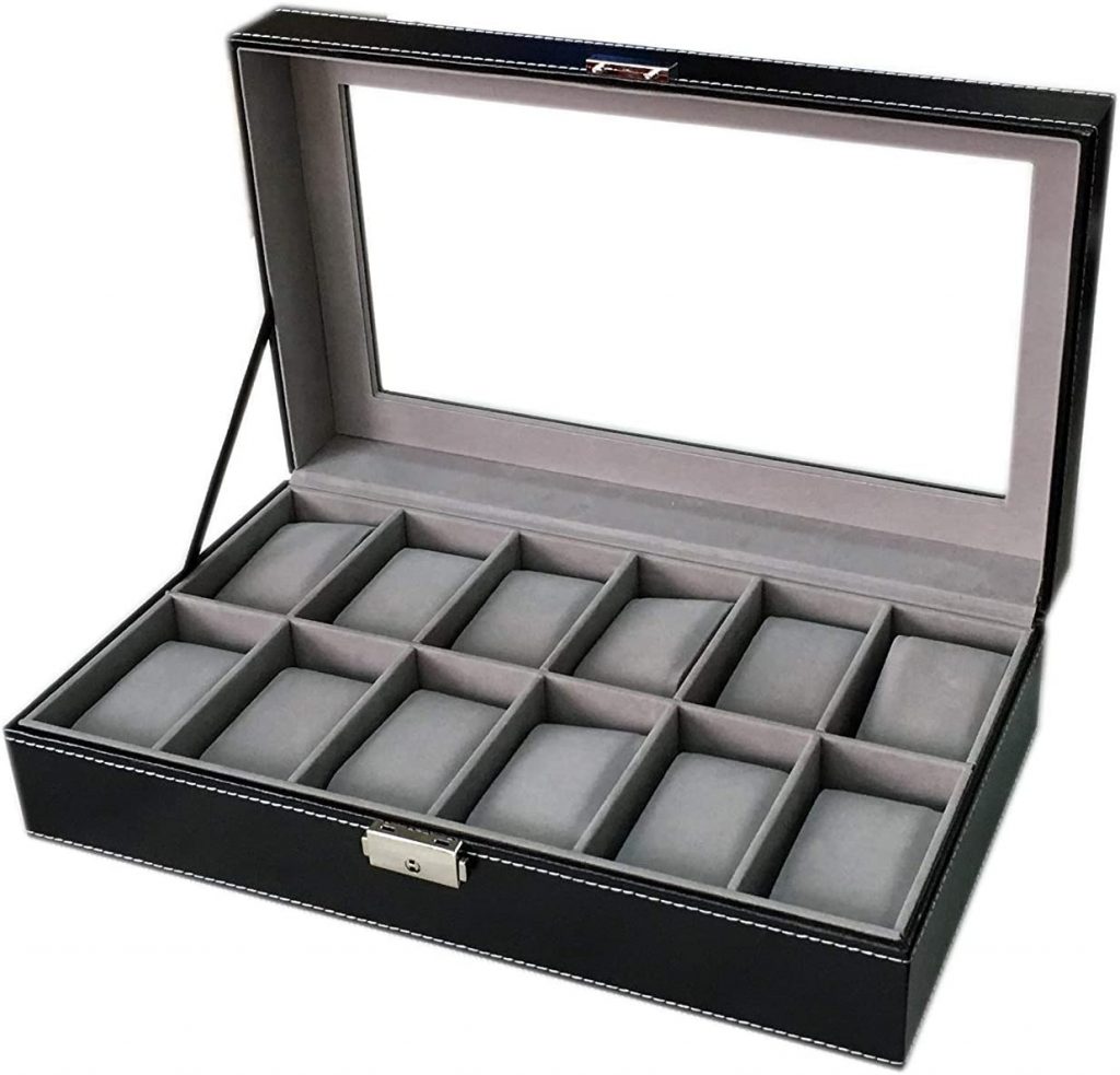  Sodynee WBPU12-03 Watch Dislpay Box Organizer, Pu Leather with Glass Top, Large, Black
