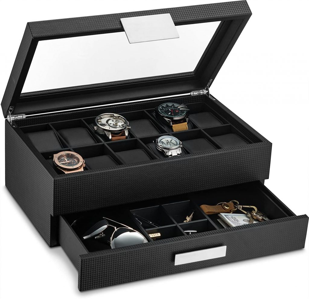  Glenor Co Watch Box with Valet Drawer for Men - 12 Slot Luxury Watch Case Display Organizer, Carbon Fiber Design