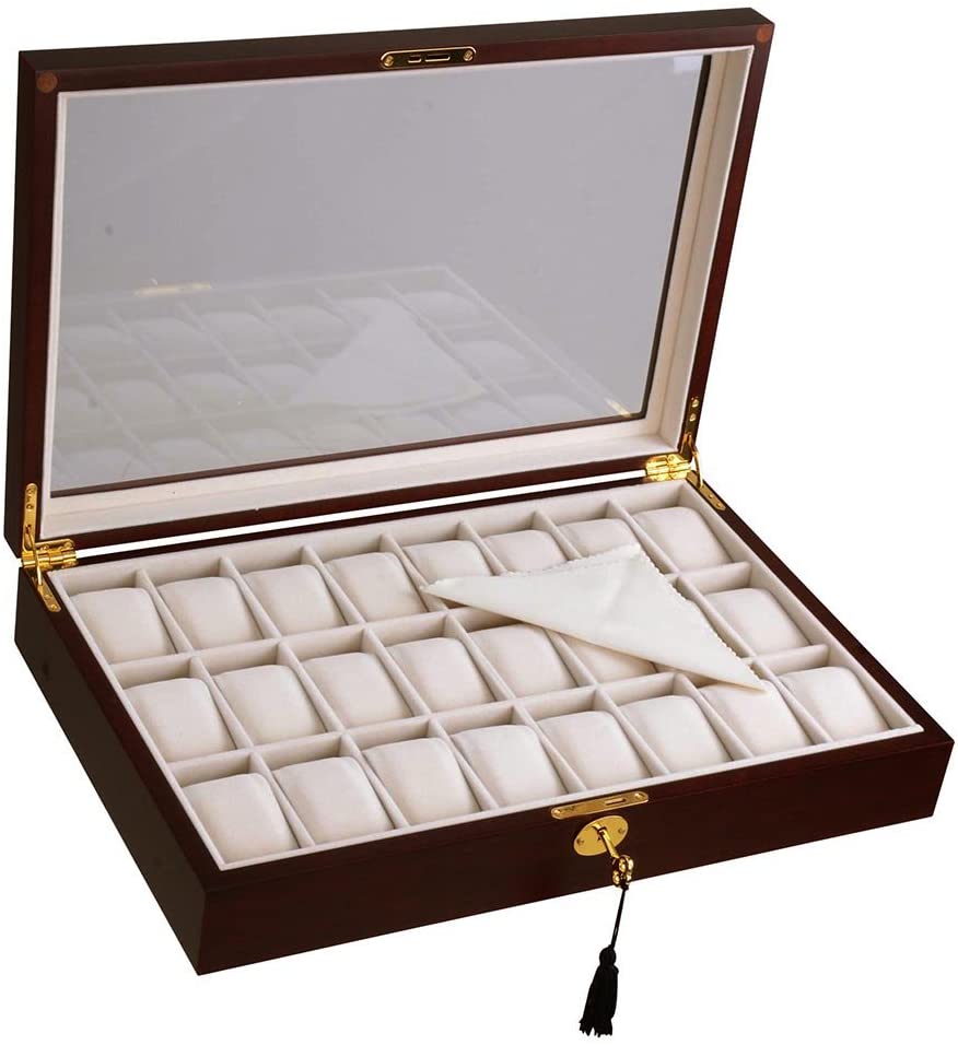 Yescom 24 Slots Wooden Watch Display Case Glass Top Jewelry Pocket Watch Collection Storage Box Organizer Walnut Wood