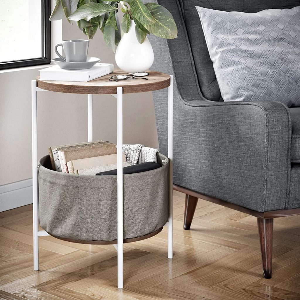  Nathan James Oraa Round Wood Side Table with Fabric Storage