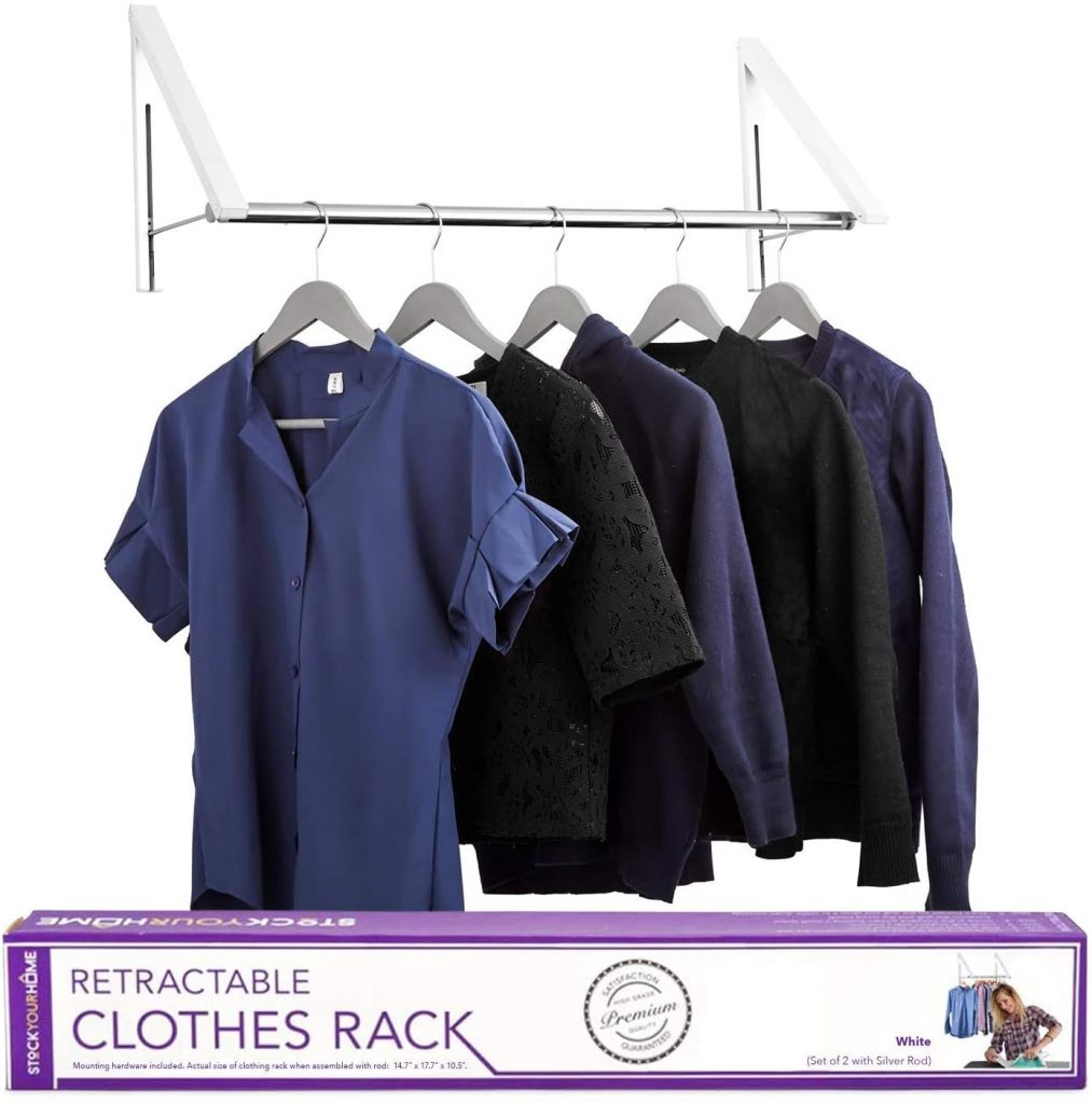 Stock Your Home Retractable Clothes Rack - Wall Mounted Folding Clothes Hanger Drying Rack for Laundry Room Closet Storage Organization