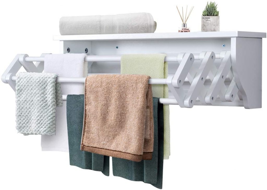  Tangkula Wall Mount Drying Rack Bathroom Home Expandable Towel Rack Drying Laudry Hanger Clothes Rack (Wood)