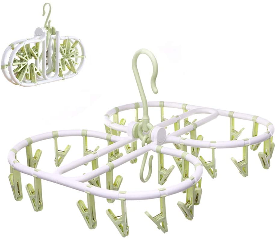  ETspark Foldable Clip and Drip Hangers with 32 Clips, Folding Laundry Drying Rack, Indoor Travel Laundry Hanger, Easily Storage, Space Saving (Green)