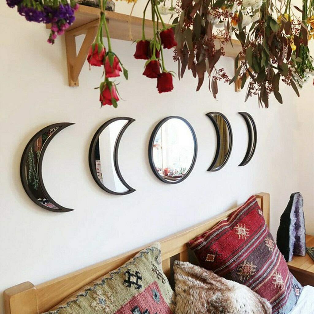  5PCS Acrylic Decorative Mirrors, DIY Wooden Moon Phase Mirror for Living Room Bedroom Decor (Black)