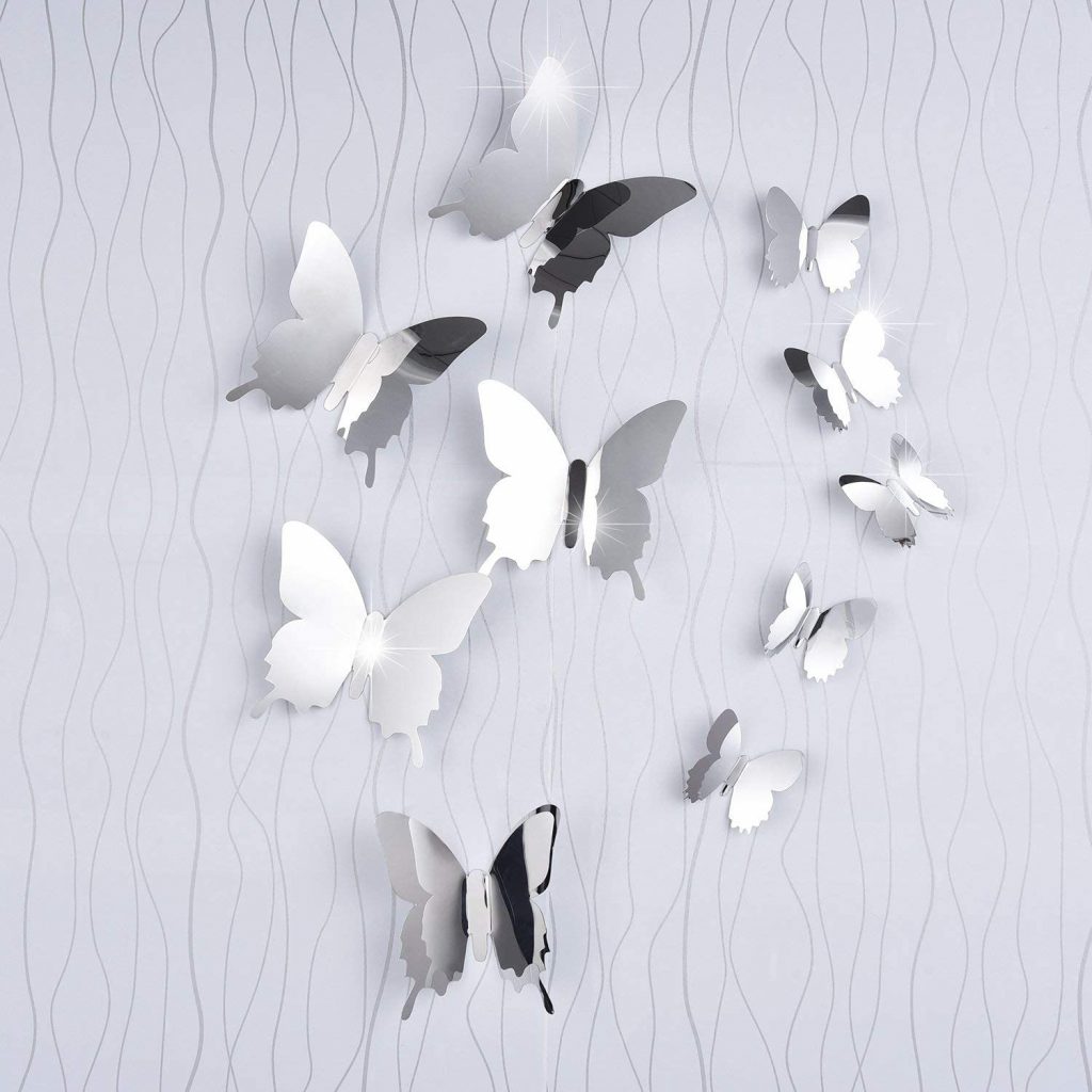 BBTO 36 Pieces DIY Mirror Butterfly Combination 3D Mirror Wall Stickers Home Decoration (Silver)