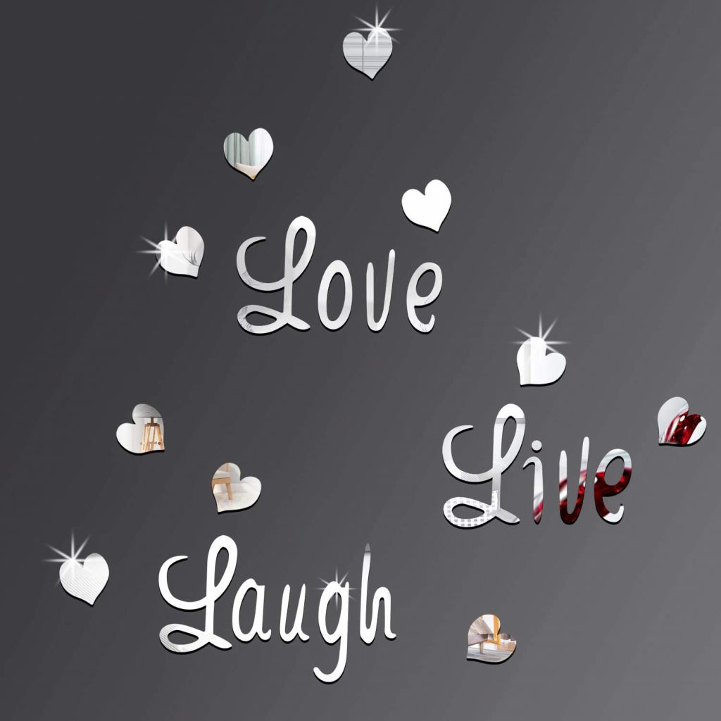  DIY Silver Love Live Laugh Heart Mirror Combination 3D Mirror Wall Stickers Home Decoration (Silver Love Live Laugh Heart)