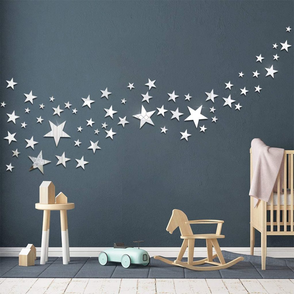   decalmile 60 Pieces Acrylic Mirror Wall Sticker 3D Wall Decal Living Room Bedroom Home Wall Art Decor (Stars, Silver, 5 Different Sizes)