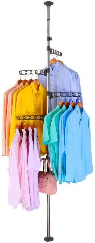  BAOYOUNI 4-Tier Standing Clothes Laundry Drying Rack Coat Hanger Organizer Floor to Ceiling Adjustable Metal Corner Tension Pole, Grey