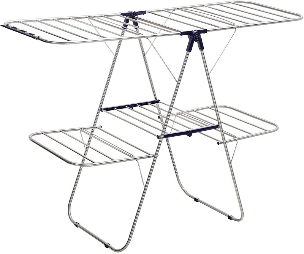  SONGMICS Clothes Drying Rack, Foldable 2-Level Stable Indoor Airer, Free-Standing Laundry Stand, with Height-Adjustable Gullwings