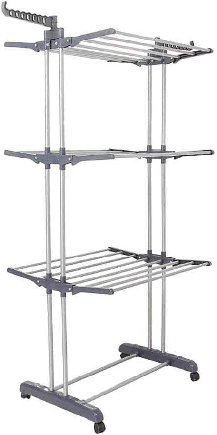  Bigzzia Clothes Drying Rack, 3-Tier Collapsible, Rolling, Stainless Laundry Dryer Hanger with Casters for Indoor (Gray)