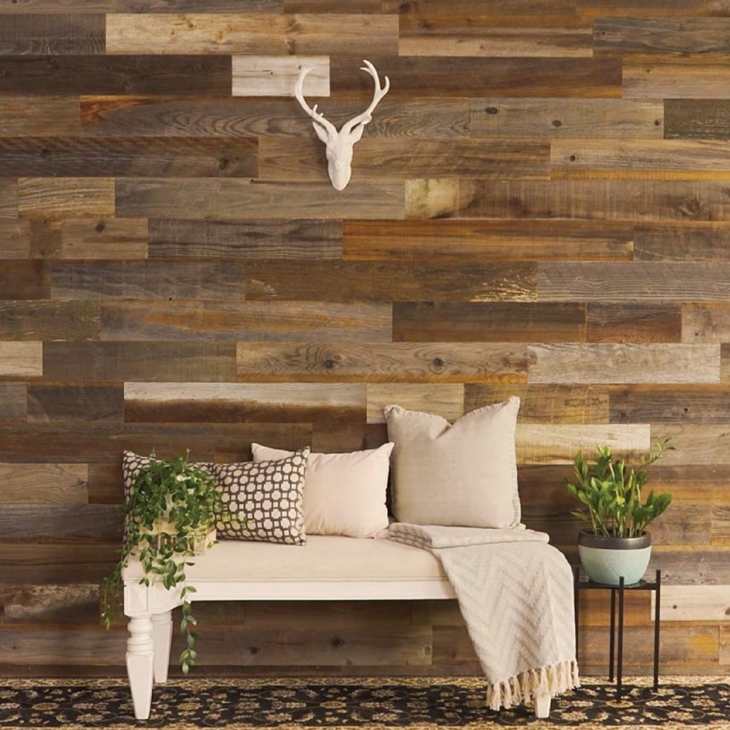 Weekend Walls - Reclaimed Weathered Redwood - DIY Easy Peel and Stick Wood Wall Paneling (40 Sq Ft, Natural)