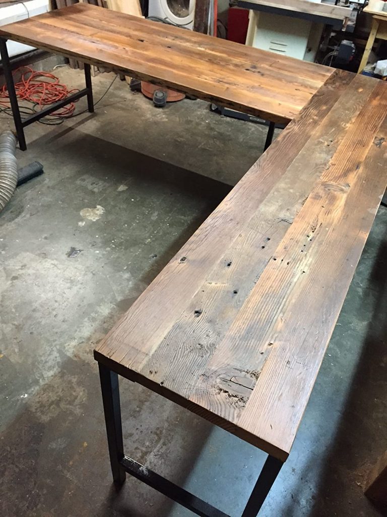  L Shaped Desk Reclaimed Wood with Metal Base