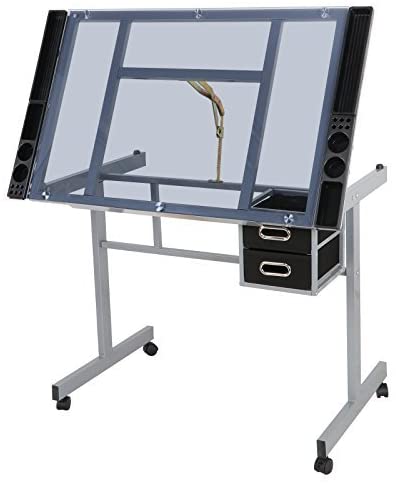 ZENY Glass Top Adjustable Drawing Desk With Paper Storage