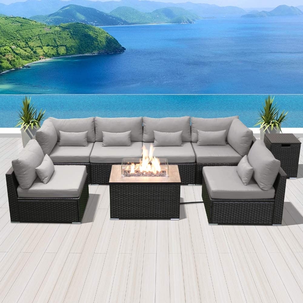  DINELI Patio Furniture Sectional Sofa with Gas Fire Pit 