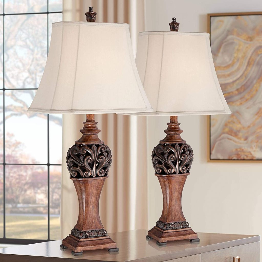 Exeter Traditional Style Table Lamps Set of 2 Bronze Wood Carved Leaf Creme Rectangular Bell Shade Decor
