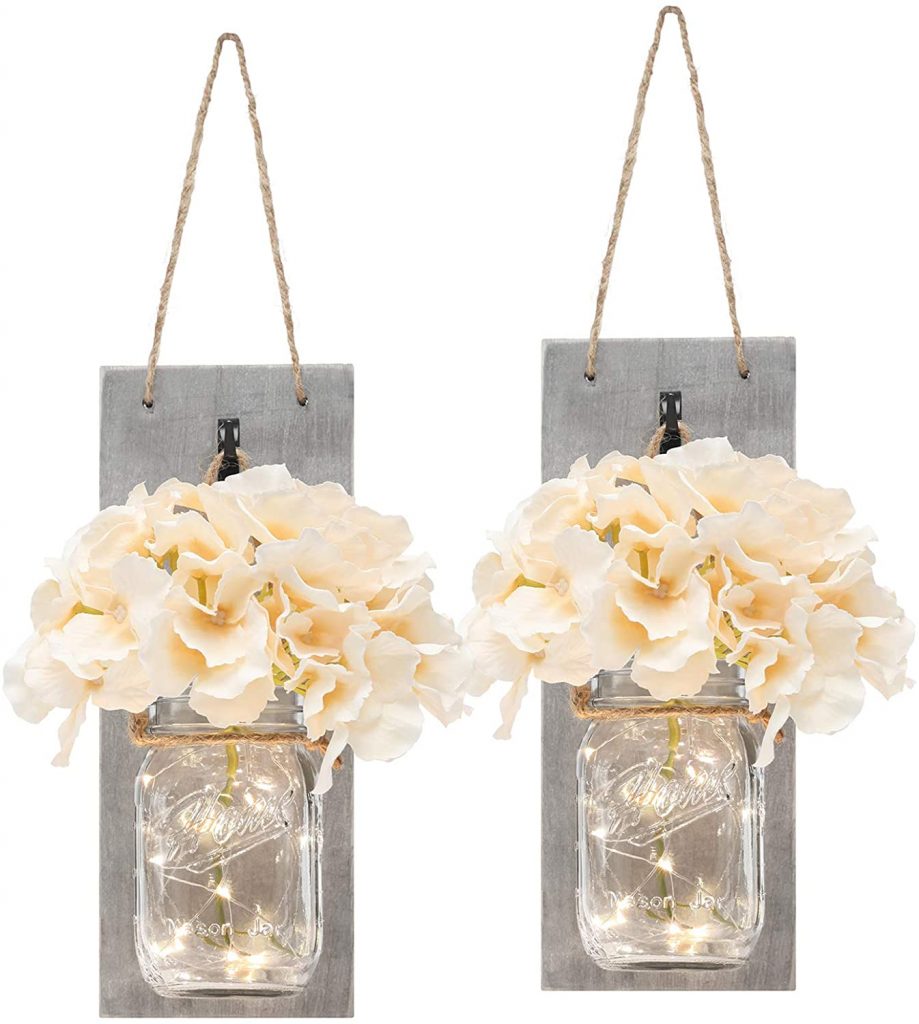 Set of Two Lighted Sconces Country Rustic Mason Jar