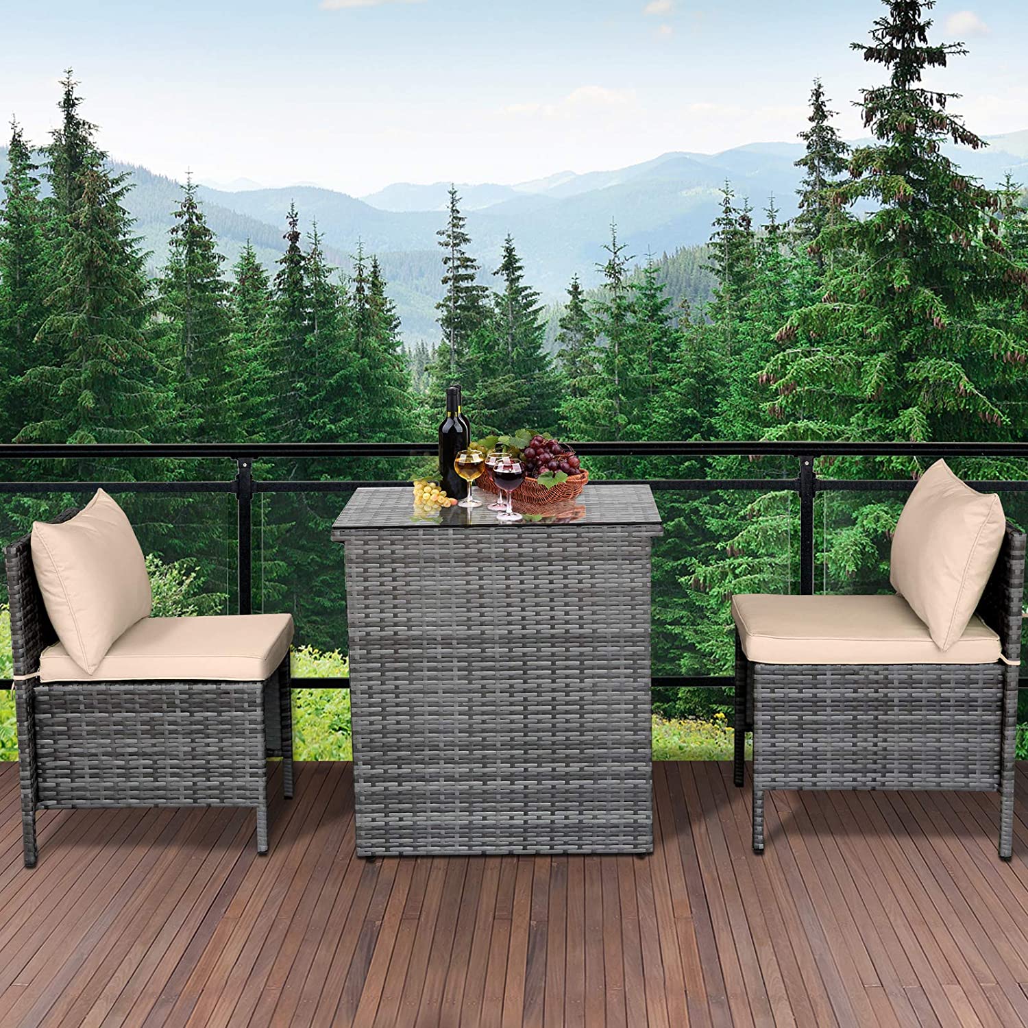 3 Piece Outdoor PE Rattan Furniture Bistro Set Patio Wicker Conversation Chair with Glass Top Table Patio Furniture For Small Spaces 