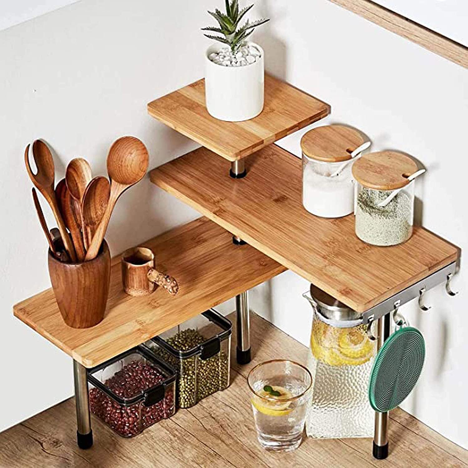 HYNAWIN 3 Tier Corner Shelf Bamboo & Metal Storage Spice Rack Furniture for Small Spaces