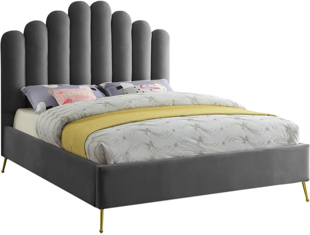 Meridian Furniture Lily Collection Contemporary Interior Design Velvet Upholstered Bed with Deep Channel Tufting and Custom Gold Steel Legs