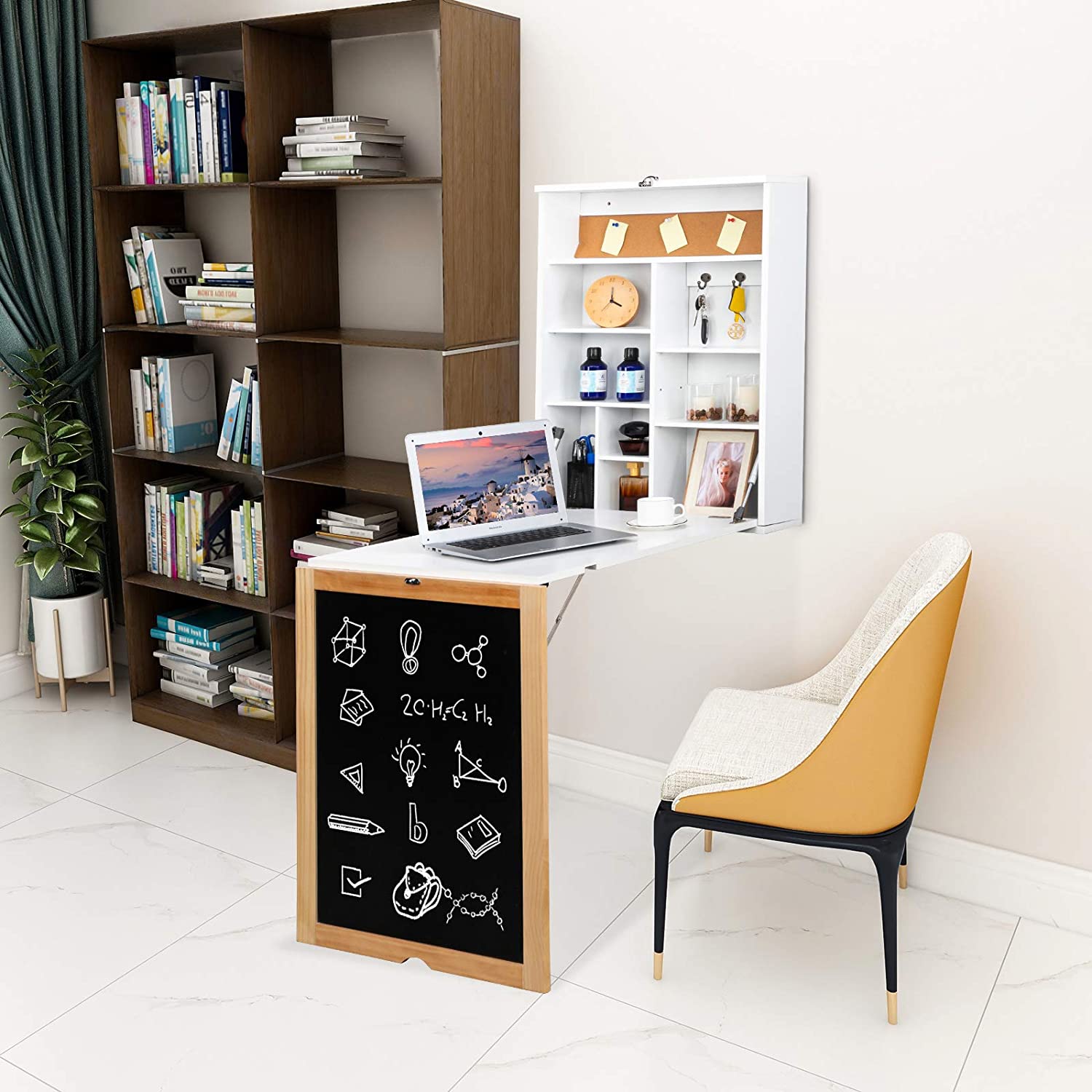 VINGLI 3 in 1 Wall-Mounted Floating Desk Table with Solid Wood Frame Chalkboard Transforming Furniture for Small Spaces