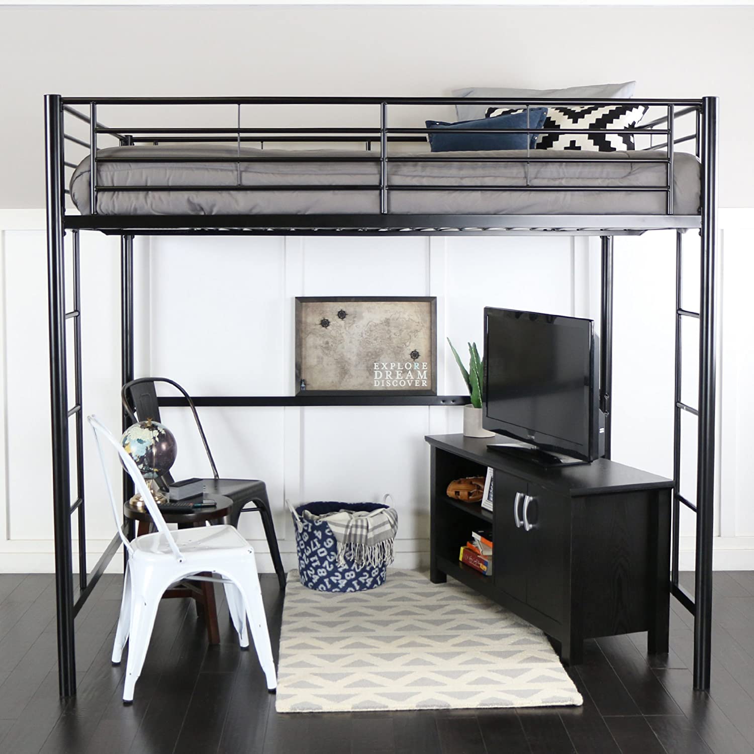 Walker Edison Orion Urban Industrial Metal Double Over Loft Bunk Bed Small Bedroom Furniture