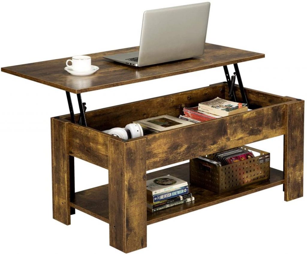 YAHEETECH Rustic Lift Top Coffee Table With Hidden Compartment And Storage Space Transforming Furniture for Small Spaces