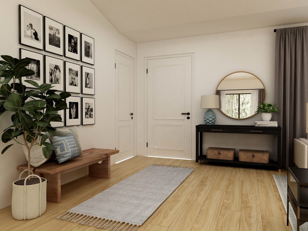 Japandi-inspired entryway with wooden flooring, bench, plants, frames, and other accessories