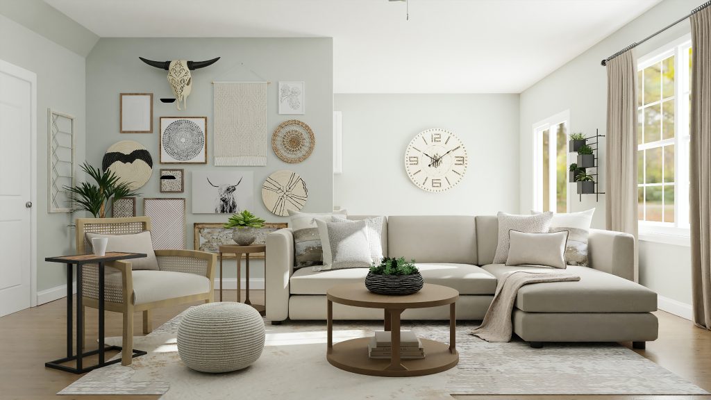 Living room with neutral colored-sofa and cushions
