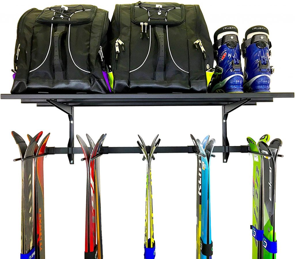StoreYourBoard Ski Wall Rack with skiing equipments