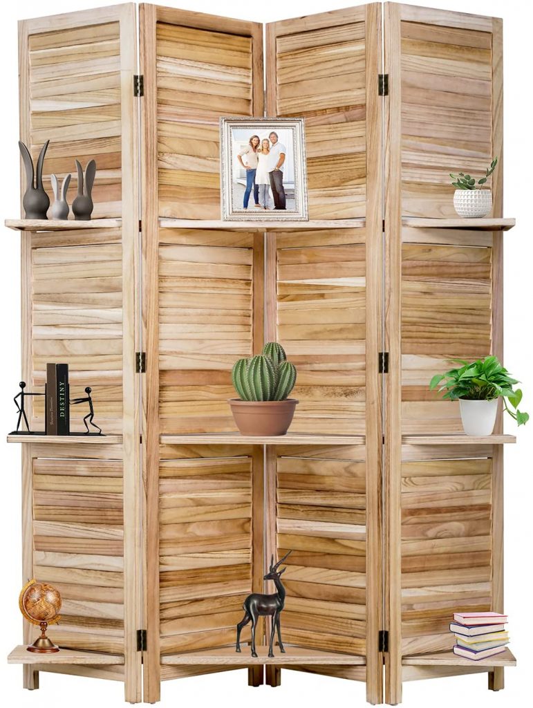FDW 4 Panel Room Divider Folding Privacy Wooden Screen with Three Clever Shelf