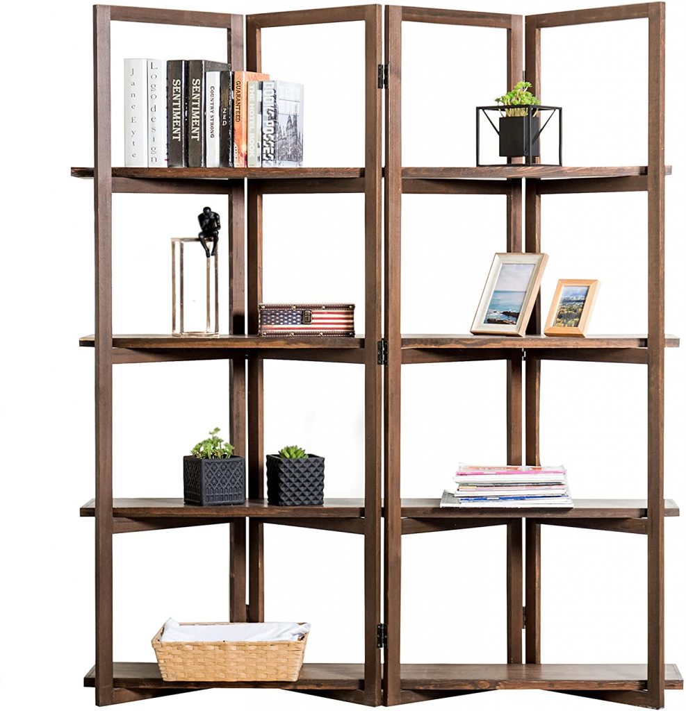 MYGIFT Modern Dark Brown Wood 4-Panel Open Bookcase Room Divider