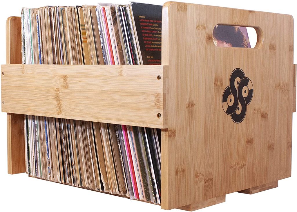 Sound Stash High End Bamboo Record Crate with vinyl records