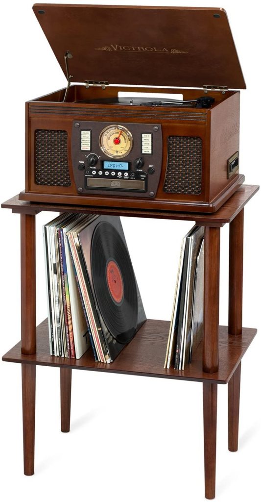 Victrola Vinyl Record Storage Wooden Stand with vinyl records and Victrola Turntable at the top shelf
