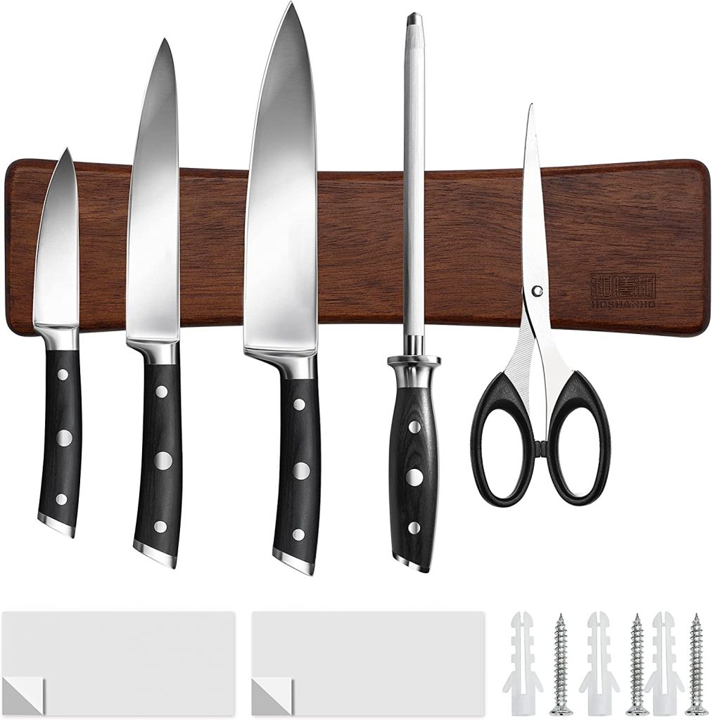 HOSHANHO Knife Magnetic Strip Acacia Wood with kitchen tools