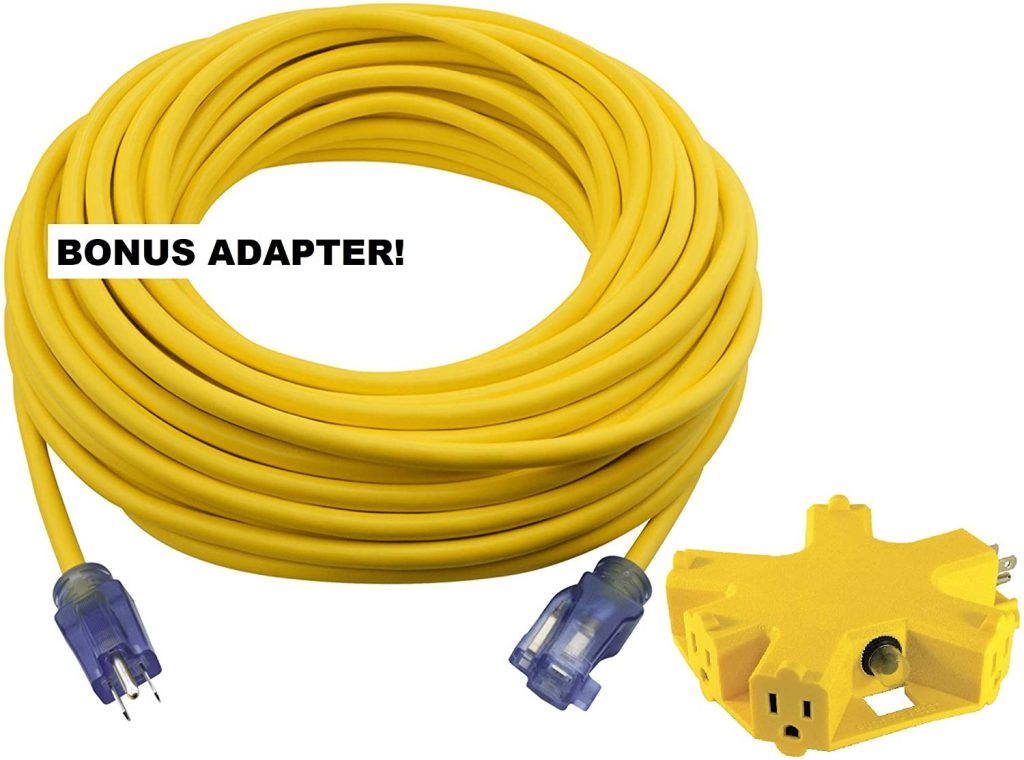 Clear Power 100 ft Extra Heavy Duty Contractor Grade Yellow-colored Extension Cord 12/3 SJTOW with 5 Outlet Adapter Combo
