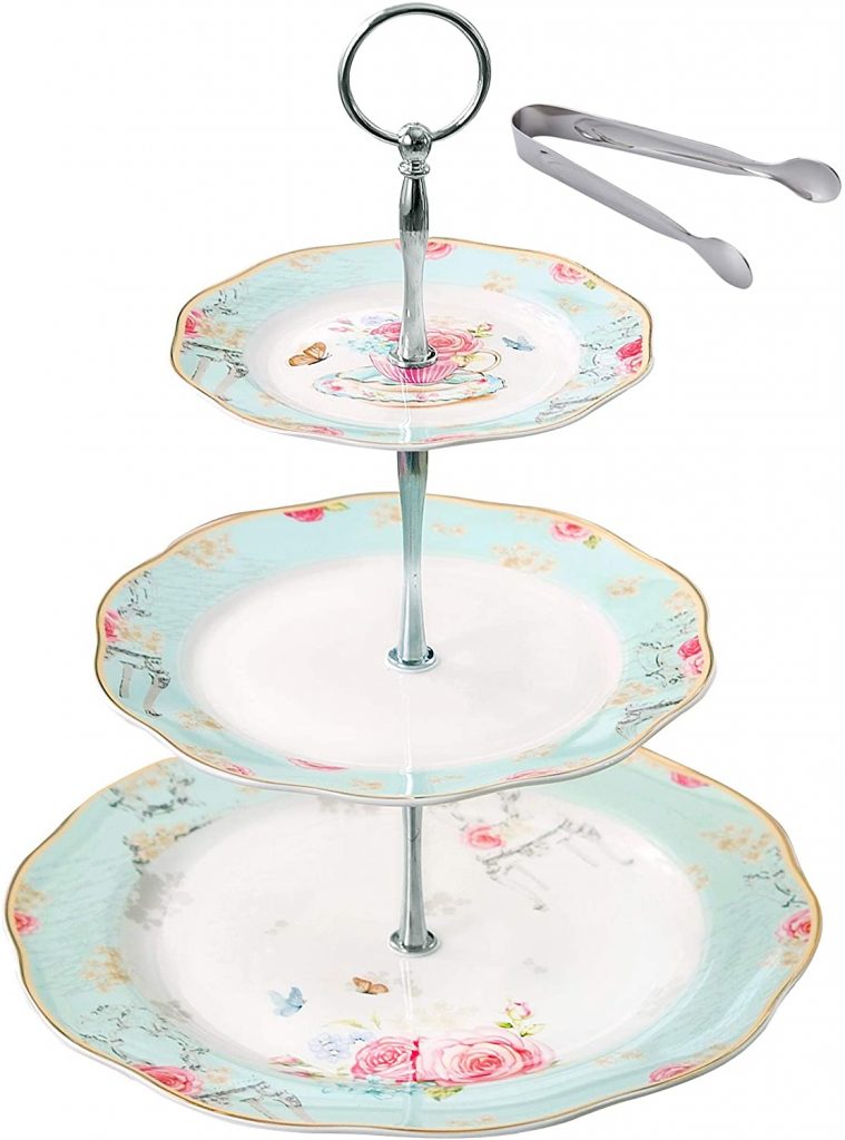 Jusalpha Light Blue 3-tiered Ceramic Cake Stand with Free Sugar Tong