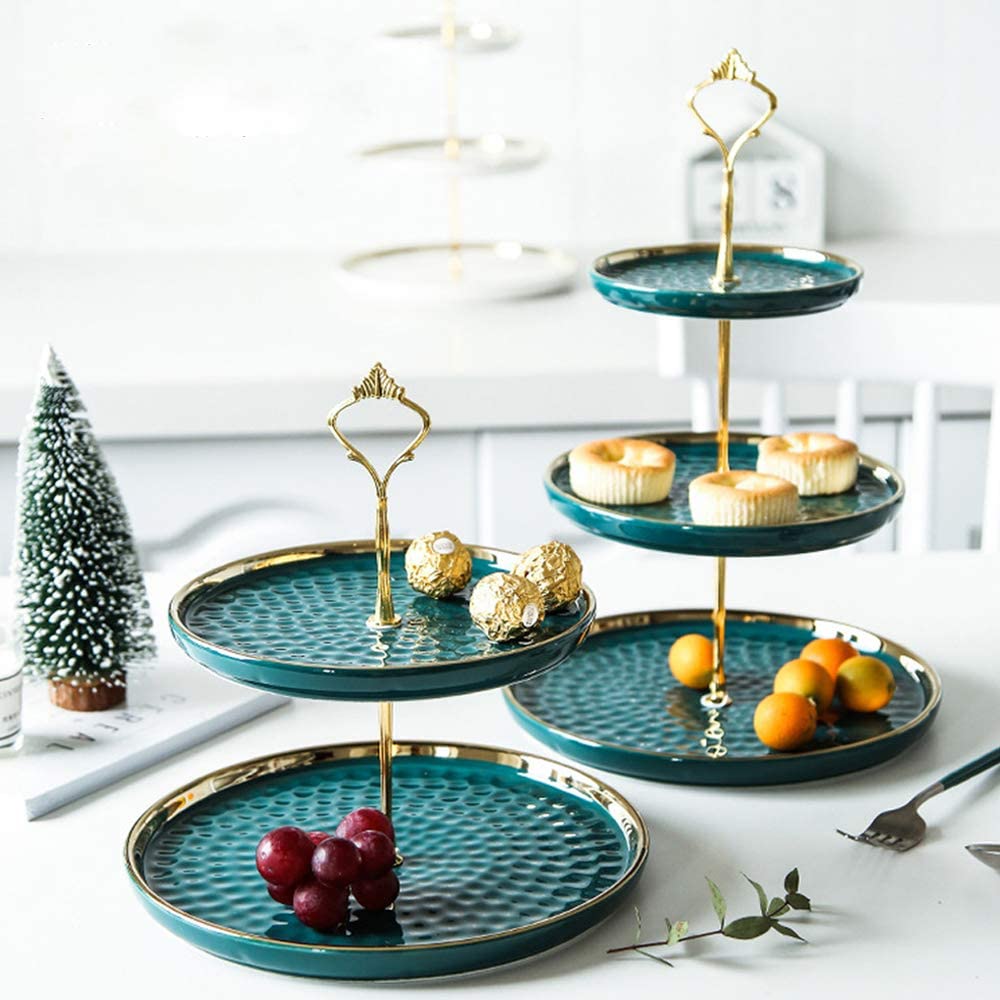 Kingbo 2 Set of Round Porcelain Tiered Cupcake Stand in emerald and gold colors