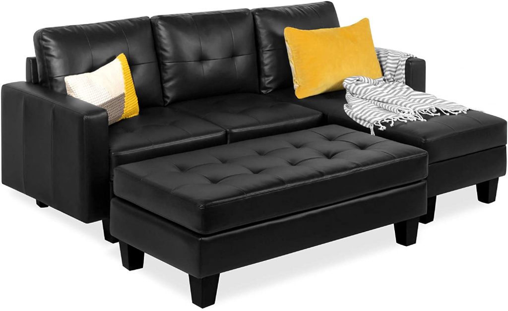 Best Choice Tufted Faux Leather L-Shape Sectional Sofa in black color