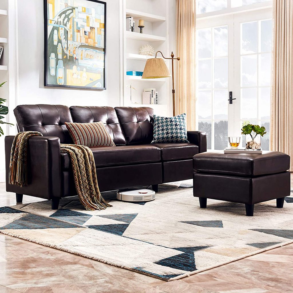 HONBAY Convertible L-Shaped Sectional Sofa in dark brown color