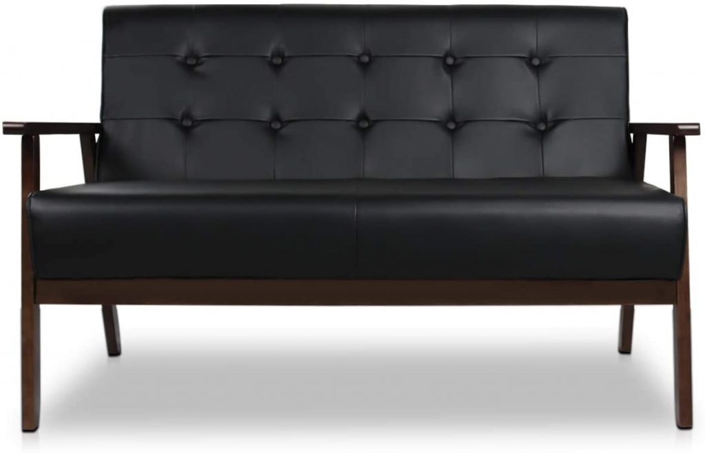 Jiasting Mid-Century Modern Faux Leather Couch in black color