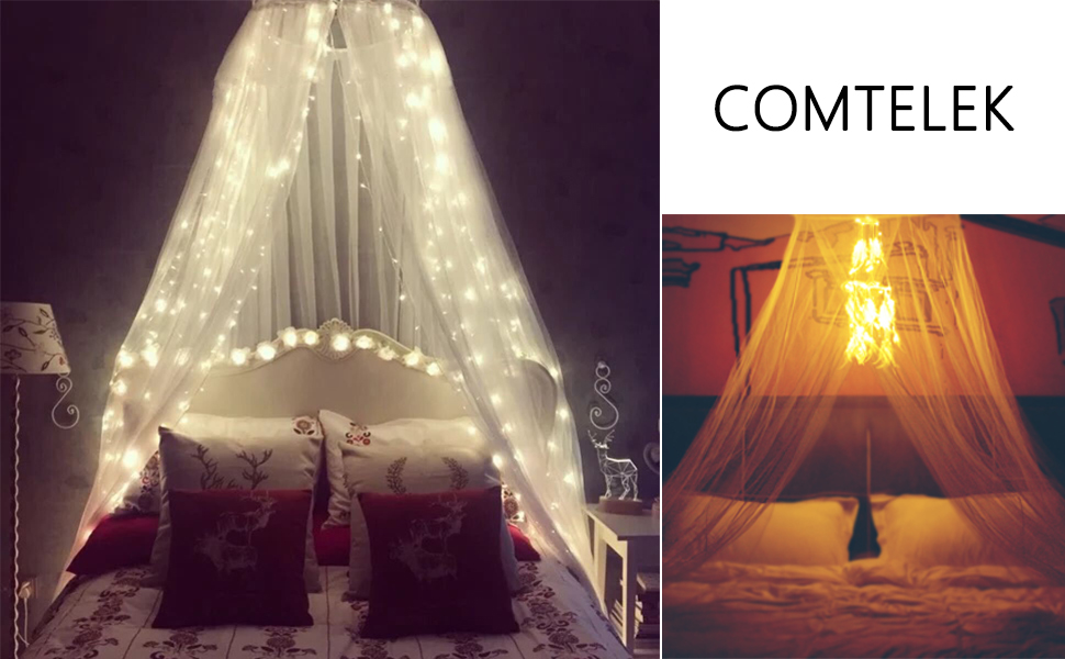 1. COMTELEK Mosquito Bed Canopy with String Lights