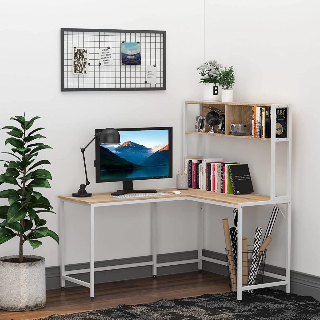 Home Office L-Shaped Computer Desk with Hutch, Storage Shelves